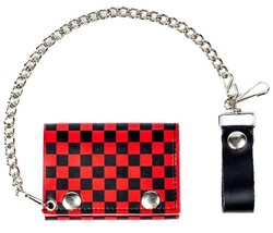 RED &amp; BLACK CHECKERED  TRIFOLD BIKER WALLET W CHAIN mens LEATHER #579 NE... - £10.86 GBP