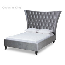 King Queen Gray Velvet Fabric Button Tufted Platform Bed Tall Wingback H... - £572.81 GBP+
