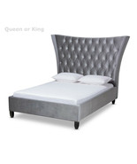 King Queen Gray Velvet Fabric Button Tufted Platform Bed Tall Wingback H... - $729.95+