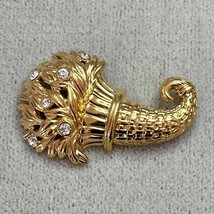 Monet Signed Cornucopia Brooch Gold-tone Rhinestone Crystals Vintage Pre... - $22.00