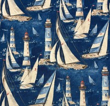 Waverly In The Breeze Indigo Blue Lighthouse Sailboat Cotton Fabric By Yard 54&quot;W - £9.44 GBP