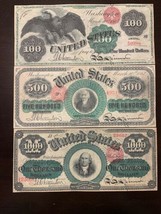 Reproduction 1863 $100, $500, $1000 United States Notes USA Currency Cop... - $9.99