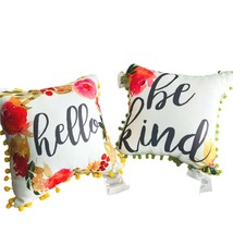 2 Spring Throw Pillow 12X12 Happy Be Kind Bright Pastel Florals Transpac Tassels - £28.93 GBP