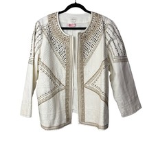 Chico&#39;s Ivory &amp; Gold Open Front Tribal Jacket Size 3 Gold Tone Beading X... - $48.57