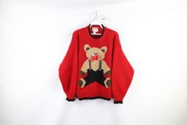 Vintage 90s Streetwear Womens Large Chunky Hand Knit Bear Crewneck Sweater Red - £47.44 GBP