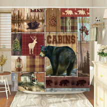 Cabin Bear Lake Deer Lodge Forest Fabric Shower Curtain, Modern Rustic, ... - £23.65 GBP