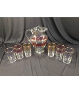 Vintage MCM Gold Rim Pitcher &amp; 6 Drinking Juice Glasses Set Red Yellow P... - £47.95 GBP