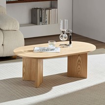 Modern 39.37&quot; Oval Coffee Table - MDF, Pedestal Base, Oak Finish - $208.99