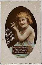 Birthday Thoughts RPPC Sweet Little Girl Hand Colored c1910 Diecut Postcard H15 - £5.94 GBP