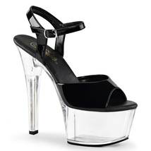 PLEASER Shoes 6&quot; High Heel Platform Vegan Insole Ankle Strap Black Clear Sandals - £43.49 GBP