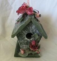 Green Distressed Wood Rose Decorated Birdhouse - £21.78 GBP