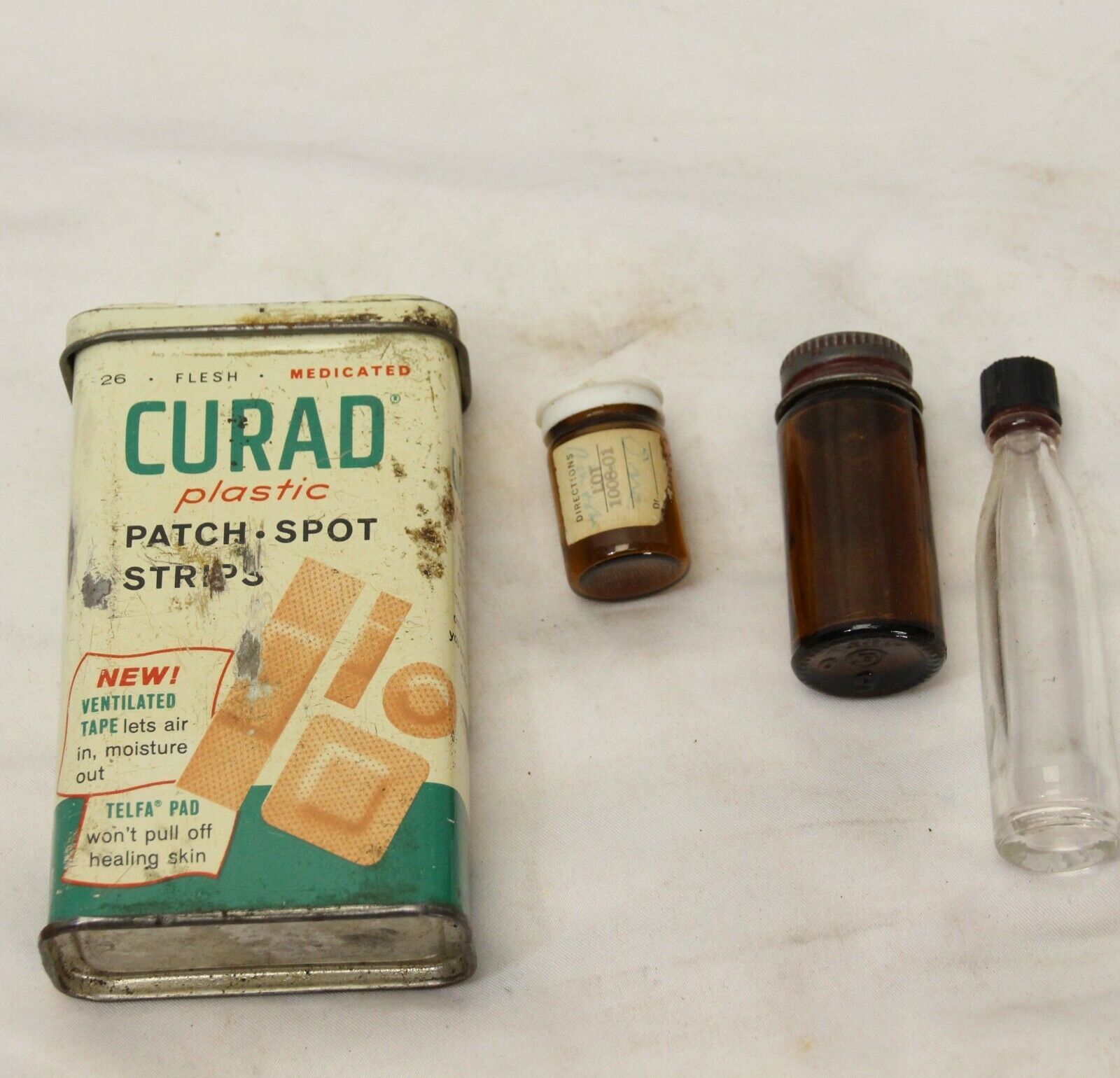 Primary image for Curad Band-Aid Band Aid Tin Can Box Vintage 3 Medicine Bottles