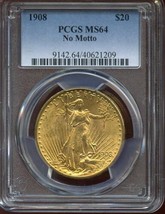 1908 $20 GOLD SAINT GAUDENS PCGS MS64 NM NO MOTTO DOUBLE EAGLE - $3,430.00
