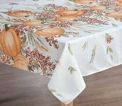 1 Printed Fabric Tablecloth, 60&quot; X 84&quot; Oval, Pumpkins &amp; Leaves, Wild Harvest, Bm - £19.48 GBP
