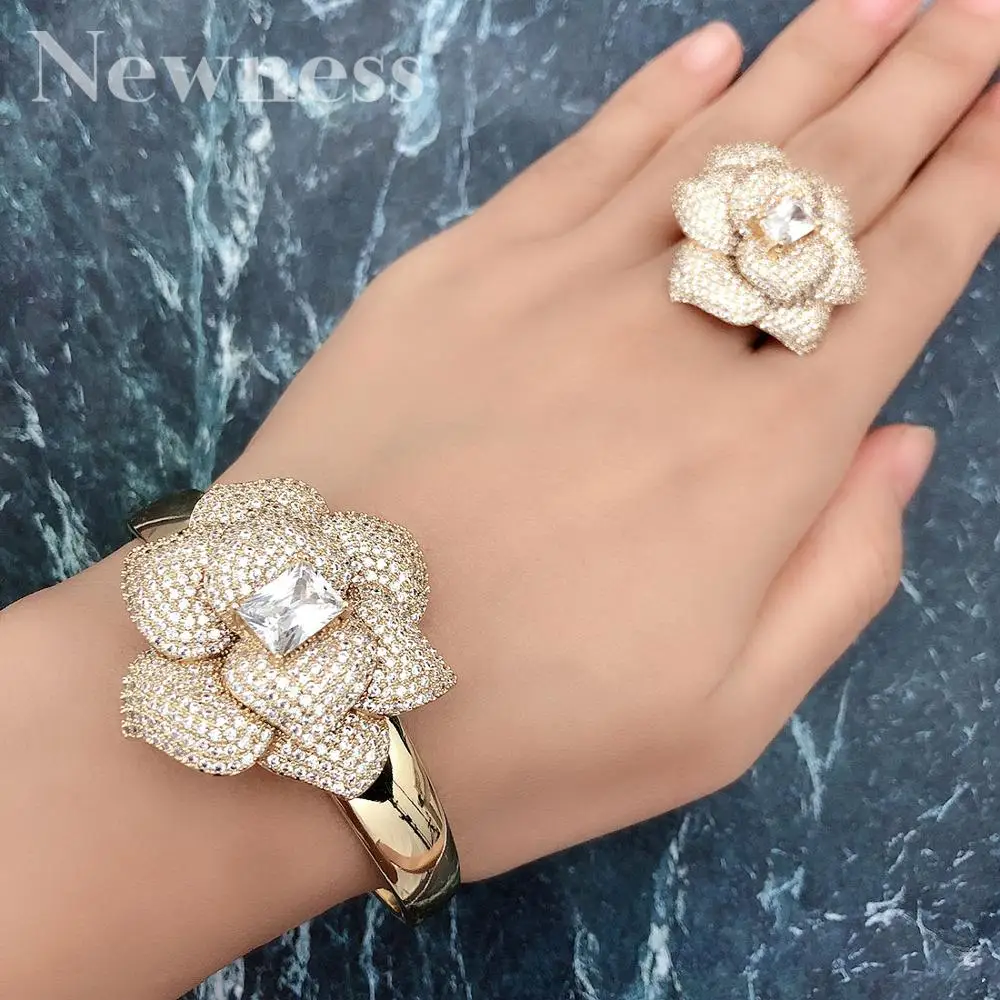 Newness Luxury Flower 2Pc Bangle Ring Sets Cubic Zircon jewelry Sets for... - £53.55 GBP