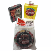 Coca Cola Coasters Round Metal 3 1/2&quot; Set Of 6 Plus 2 Decks Of Playing Cards New - £11.52 GBP
