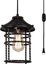 Lantern Black Pendant Lights Fixture Vintage Industrial Plug In Hanging Entryway - £50.64 GBP
