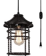 Lantern Black Pendant Lights Fixture Vintage Industrial Plug In Hanging Entryway - $63.51