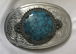 Classic Western Belt Buckle Blue Mount Scroll, Vintage 80’s Silver Tone - £10.47 GBP