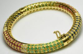 10.25CT Round Cut Emerald,Sapphire,Ruby 14K Yellow Gold Over Bangle Bracelet - £181.23 GBP