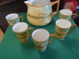 Beautiful Collectible Vintage Handpainted NIPPON Pitcher &amp; 5 Handled Gla... - $48.22