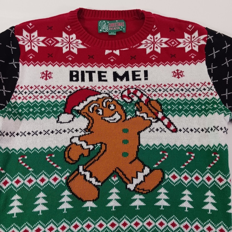 Ugly Christmas Sweater Men's Size Large Bite Me Gingerbread Man Red Pullover Item image 4