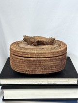 Vintage Indonesian bali Lombok Island Wood  Carved Fish Footed Basket Box woven - £27.93 GBP