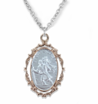 Sterling Silver Decorative Rose Gold Border St Christopher Necklace &amp; Chain - £71.31 GBP