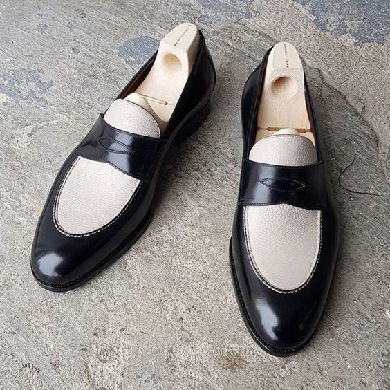Hand Made Men Black White Cont Penny Loafer SlipOn Genuine Leather Shoes US 7-16