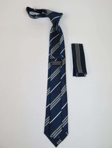 Mens Narrow Tie/Hankie Set Woven Vito Rofolo VTR-101 Navy White Stripe image 2