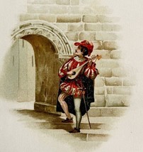 Bard Minstrel Playing Mandolin Lithograph Victorian Art Print c1850-1870s DWN10A - £102.93 GBP