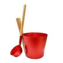 Red Aluminum &amp; Bamboo Sauna Bucket and Ladle Set - FREE SHIPPING! - £89.50 GBP