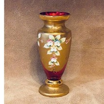 Vintage Bohemian Czech Cranberry 24K Gold Encrusted Enameled Glass Vase (1950s) - £100.32 GBP