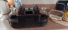 Art Deco Bar Caddy 3 Shot Glass Set 6 Indy 500 Motor Speedway W/Decanter bottles - £77.43 GBP