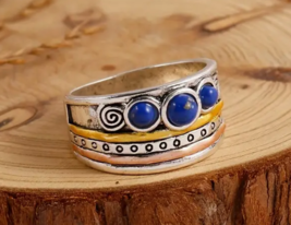 Beautiful Vintage Boho Style Three Tone Lapis Lazuli Ring -  Select Size - £10.21 GBP
