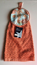 Seahorse Coral Hanging Dish Towel Button Tie Summer Beach House Cottage Set of 2 - £19.09 GBP