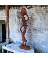 Hand Carved Wood Woman Carrying Water Jug African Sculpture Wooden Vintage  - £23.26 GBP