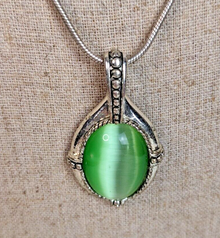 Primary image for Kenneth Cole Silver Tone Green cat's eye Tear Drop Pendant Necklace 18 inch L