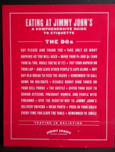 Authentic Jimmy Johns Etiquette THE DO&#39;S Red Metal Tin Sign 22&quot;h x 17.25&quot;w 2003 - £64.09 GBP