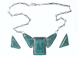 Danny J Stewart Navajo Sterling Cobblestone turquoise inlay necklace and earring - £775.88 GBP