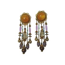 Vintage Amber Purple Crystals Gold Tone Chandelier Dangle Long Earrings ... - £11.84 GBP