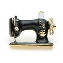 SEWING MACHINE BROOCH 1.4" Gold Black Enamel Pin Rhinestone DIY Arts Cra... - $3.95