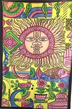 Hand Painted Tapestry, Indian Wall Haning, Bohemian Sun Decor, Hippie Dorm Decor - £17.04 GBP