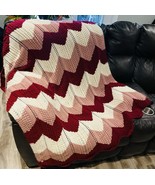 Handmade 59”X47” Afghan Crocheted Chevron Zig-Zag Pattern Maroon Mauve And White - $26.68