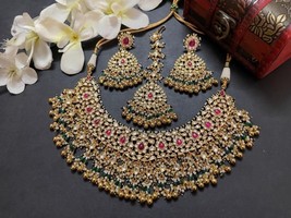 VeroniQ Trends-Bridal Necklace Pachi Kundan With Jhumki Earrings-Tika-Bridal - £375.08 GBP