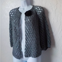 Handmade Crochet Boho Cardigan Fits Medium Gray Metallic Knit and Black Rose - £12.05 GBP