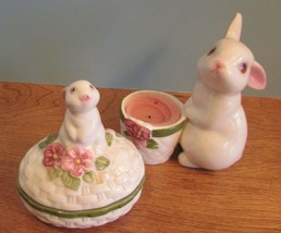 Vintage avon Porcelain set White Bunny Rabbit  Trinket Box/votive candle... - $18.00