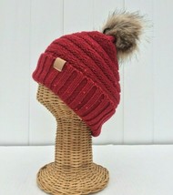 Winter Warm Red Knit Stretch Beanie Hat With Silver Foiled Faux Fur Pom ... - £13.54 GBP