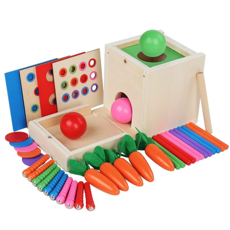 6 in 1 wooden montessori toy play kit object permanence box play set with coin box thumb200