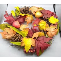 Pine Cone, Faux Fruit and Artificial Berry Autumn Wreath, Red and Yellow... - $60.96